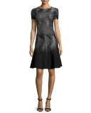 Metallic Palm-Jacquard Short-Sleeve Dress, Caviar Gunmetal