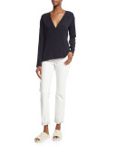 Long-Sleeve Woven Surplice Top, Navy