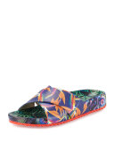 Phoebe Tropical Flat Slide Sandal, Navy/Green
