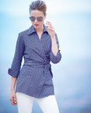 Honeycomb-Dot Wrap Blouse, Navy/White