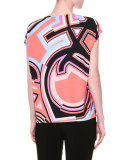 Cap-Sleeve Monogram-Print Top, Coral/Multi