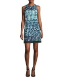Sleeveless Geometric Cocktail Dress, Jade/Multicolor