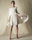 Jewel-Neck Crepe Cape Dress, Ivory