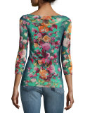 Floral-Print Illusion-Shoulder Tulle Top, Blue Pattern