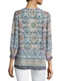 Aceline Mosaic-Print Silk Top, Pink