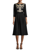 Shamari Embroidered-Bodice Dress, Black