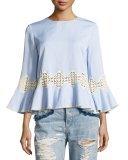 Fluid Chambray Trumpet-Sleeve Top, Light Blue