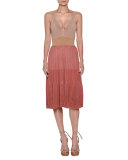 Colorblock V-Neck Pleated Midi Dress, Pink/Multi