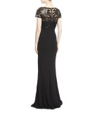 Short-Sleeve Lace-Bodice Ruched Gown 