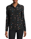 Kate Butterfly-Print Georgette Shirt, Black