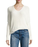 1/2-Cardigan Stitch V-Neck Sweater, Off White