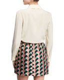 Long-Sleeve Pleated-Front Silk Blouse 