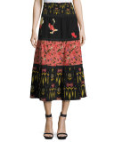Mixed-Print Tiered Peasant Skirt, Salmon/Black