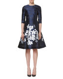 Floral-Skirt 3/4-Sleeve Cocktail Dress, Ink Blue