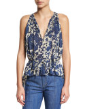 Sleeveless Shirred Floral Blouse, Birch/Denim