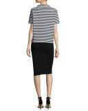 Stand-Collar Striped Short-Sleeve Top, Black 
