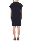 Long-Sleeve Mesh-Overlay Top, Navy