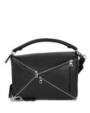 Puzzle Zips Leather Satchel Bag, Black