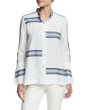 Bell-Sleeve Poplin Striped-Trim Blouse, Soft White