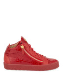 Men's Crocodile-Embossed Leather Mid-Top Sneaker, Red