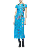 Short-Sleeve Embellished-Lace Midi Dress, Blue Bell