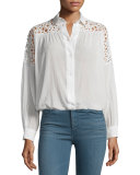 Ornella Long-Sleeve Netted-Trim Top, Ecru