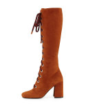 Suede Lace-Up Block-Heel Boot, Palissandro