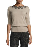 Floral-Neck Half-Sleeve Sweater, Oatmeal