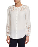 Alma Long-Sleeve Embroidered Silk Blouse, Off White