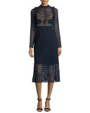 Star Lace Long-Sleeve Midi Dress, Navy