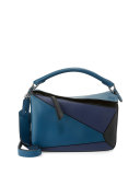 Puzzle Colorblock Leather Satchel Bag, Navy/Black