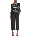 Long-Sleeve Striped Linen Crop Top, Black/White 