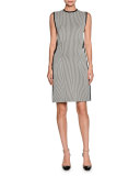 Seersucker Sleeveless Ribbon-Trim Dress, White/Black