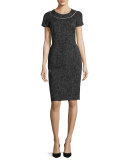 Optic-Weave Cap-Sleeve Sheath Dress, Black