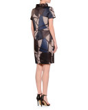 Audrey Funnel-Neck Delaunay-Print Dress, Navy