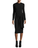 Long-Sleeve Tie-Waist Sheath Dress, Black