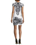 Short-Sleeve Harajuku Print Sheath Dress, Off White