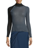 Ribbed Mock-Neck Long-Sleeve Sweater, Gray/Celeste/Black