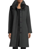 Fox-Collar Belted Felt Coat, Slate