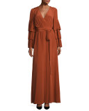 Pleated Tiered-Sleeve Wrap Gown