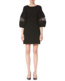 Crochet-Inset 3/4-Sleeve Shift Dress, Black