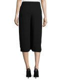 Pleated Silk Georgette Cropped Pants, Black