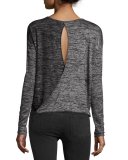 Mia Heather Knit Long-Sleeve Surplice-Back Top, Black/Gray