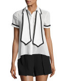 Oswald Tie- Neck Short-Sleeve Shirt, White/Black