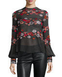 Lip-Appliqué Long-Sleeve Blouse, Black/Multi