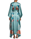 V-Neck Floral-Print Long Satin Wrap Robe, Light Green