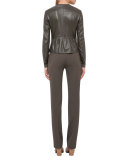 Perforated Leather Peplum Jacket, Olive