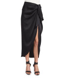 Waist-Tie Silk Midi Skirt, Black