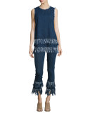 Sleeveless Frayed-Hem Tunic, Mid Blue