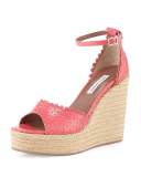 Harp Eyelet Leather Wedge Sandal, Coral